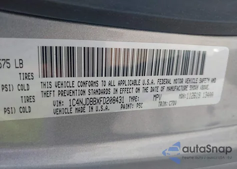 2015 Jeep Compass Sport из США, поврежденный, VIN 1C4NJDBBXFD208431